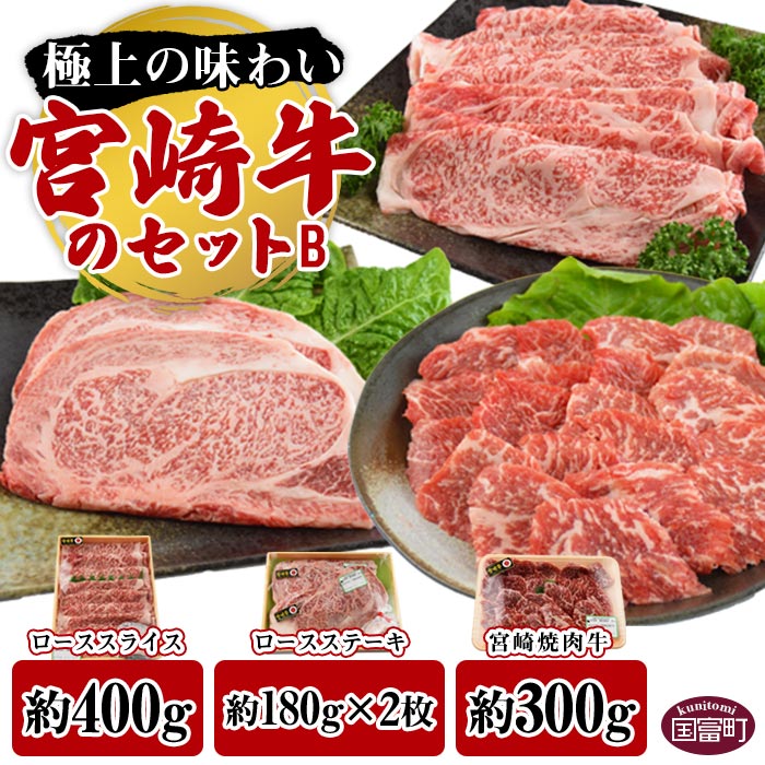 【ふるさと納税】＜宮崎牛のセットB＞※入金確認後、翌月末迄に順次出荷します。国産 牛肉 上質 和牛 黒毛和牛 お祝い ロース ロースステーキ ローススライス 焼肉 つめ合わせ BBQ 食べ比べ 宮崎県産 式部の里 宮崎県 国富町 【冷凍】