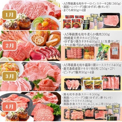 定期便(12回配送)お楽しみ便(A5等級黒毛和牛・黒豚・かつお・まぐろ・さつまあげ等)JJ-6002【1166755】ふるさと納税 定期便 牛肉 豚肉 しゃぶしゃぶ ステーキ ハンバーグ まぐろ カツ