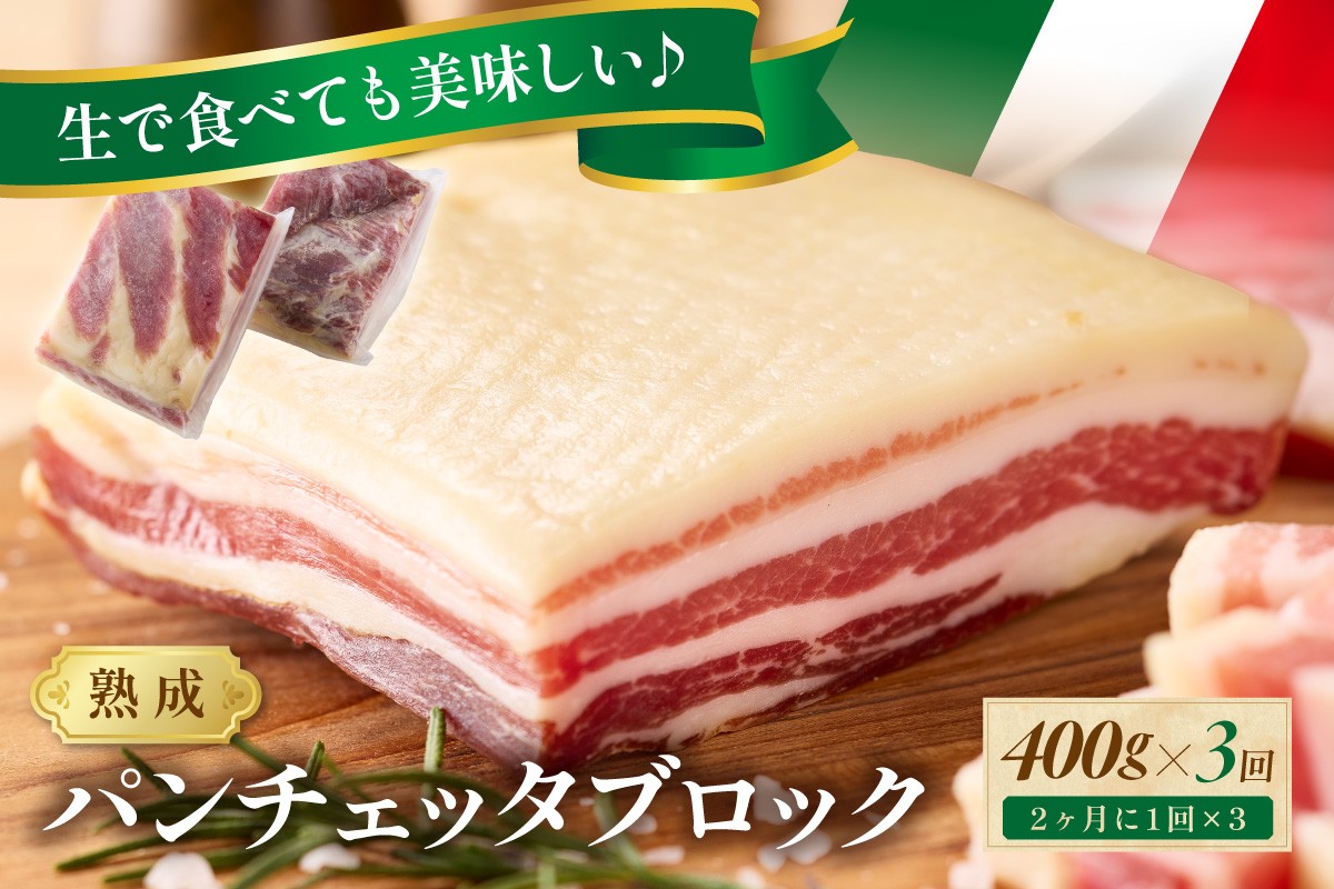 
                  【定期便 隔月×3回】パンチェッタブロック（豚バラ肉の塩漬け）約200g×2袋　ベーコン ブロック・豚バラブロック・ブロック肉・豚肉・豚バラ・パンチェッタ・塩豚・熟成・生ベーコン　NI00024
                