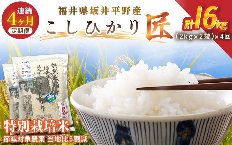 
            【4ヶ月連続お届け】 令和7年産 特別栽培米 コシヒカリ匠  4kg（2kg×2袋）×4回 計16kg 節減対象農薬当地比5割減【選べる精米方法：白米 / 玄米】【米 コメ お米 コシヒカリ ふるさと納税米 ブランド米 国産】 [G-2910]
          