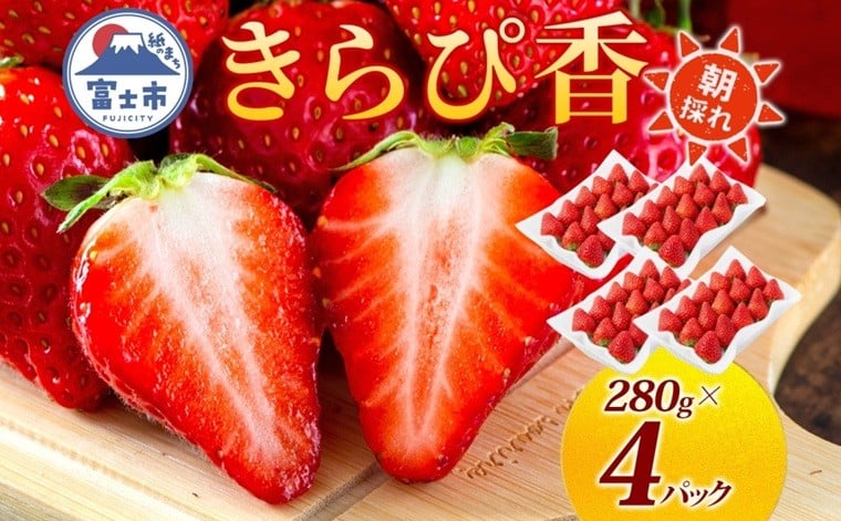 
            期間限定 富士市産 いちご きらぴ香 約280g×4p 朝どれ 新鮮いちご 糖度が高い 甘み 上品な香り 凝縮 爽やか 酸味控えめ みずみずしい なめらか 果物 フルーツ 旬 ギフト 贈り物 【配送不可地域：沖縄・離島】[sf123-004]
          