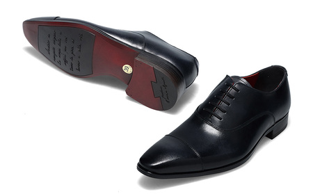 クインクラシコ 革靴 10001 (カラー：ブラック、サイズ：25.5cm) ビジネスシューズ 本革 ストレートチップ 幅広 甲高 キャップトゥ エラスティック スリッポン 牛革 フォーマル