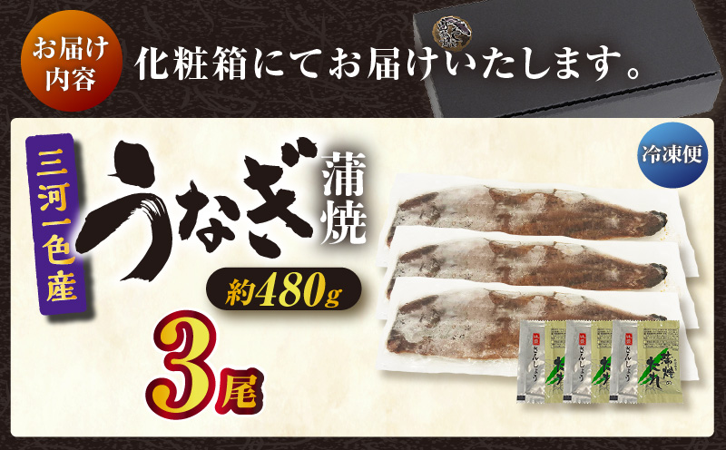 三河一色産うなぎ蒲焼 3尾（約480g）化粧箱入・O062
