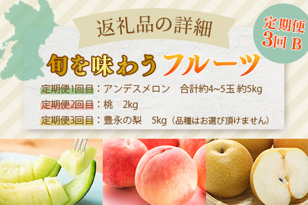 【フルーツ3回定期便B】2026年発送分 アンデスメロン・桃・梨 3回配送 旬 フルーツ 定期便 数量限定 メロン 球磨の桃 豊永の梨 果物 名産 熊本 多良木町