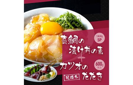 規格外カツオたたき 約600g＋真鯛漬け丼の素 約80g×5パック 【興洋フリーズ株式会社】 [ATBX042]