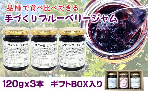 ブルーベリージャム３点セット（ギフトボックス付）120ｇ×3本　無添加　栽培期間中農薬不使用