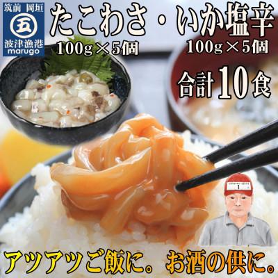 ふるさと納税 岡垣町 【発送月固定定期便】たこわさ100g×5個・いか塩辛100g×5個(岡垣町)全3回