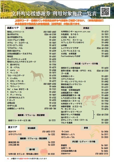 「立科町応援感謝券」加盟店一覧表（最新一覧は下記URLからご確認お願いします。）