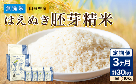 《3ヶ月定期便》【令和6年度産米】新米 山形県産 無洗米 令和6年産 はえぬき 胚芽精米 10kg(2kg×5袋)【山形県産 BG精米製法】【2024年度産米】 036-T27