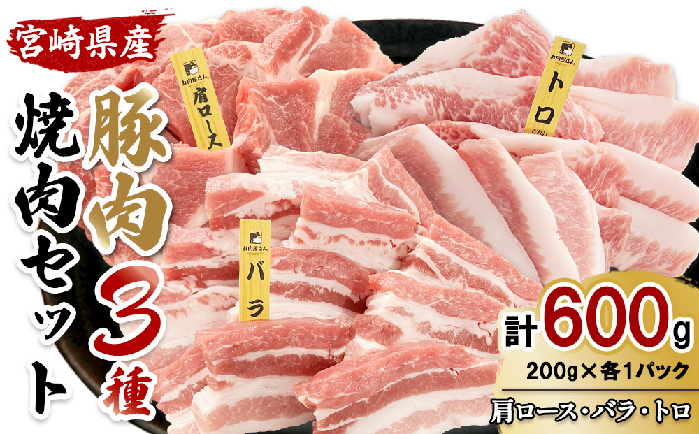 【希少部位・豚トロ入り！】宮崎県産 豚焼肉バラエティセット 600g 真空パック 200gずつの便利な超小分け