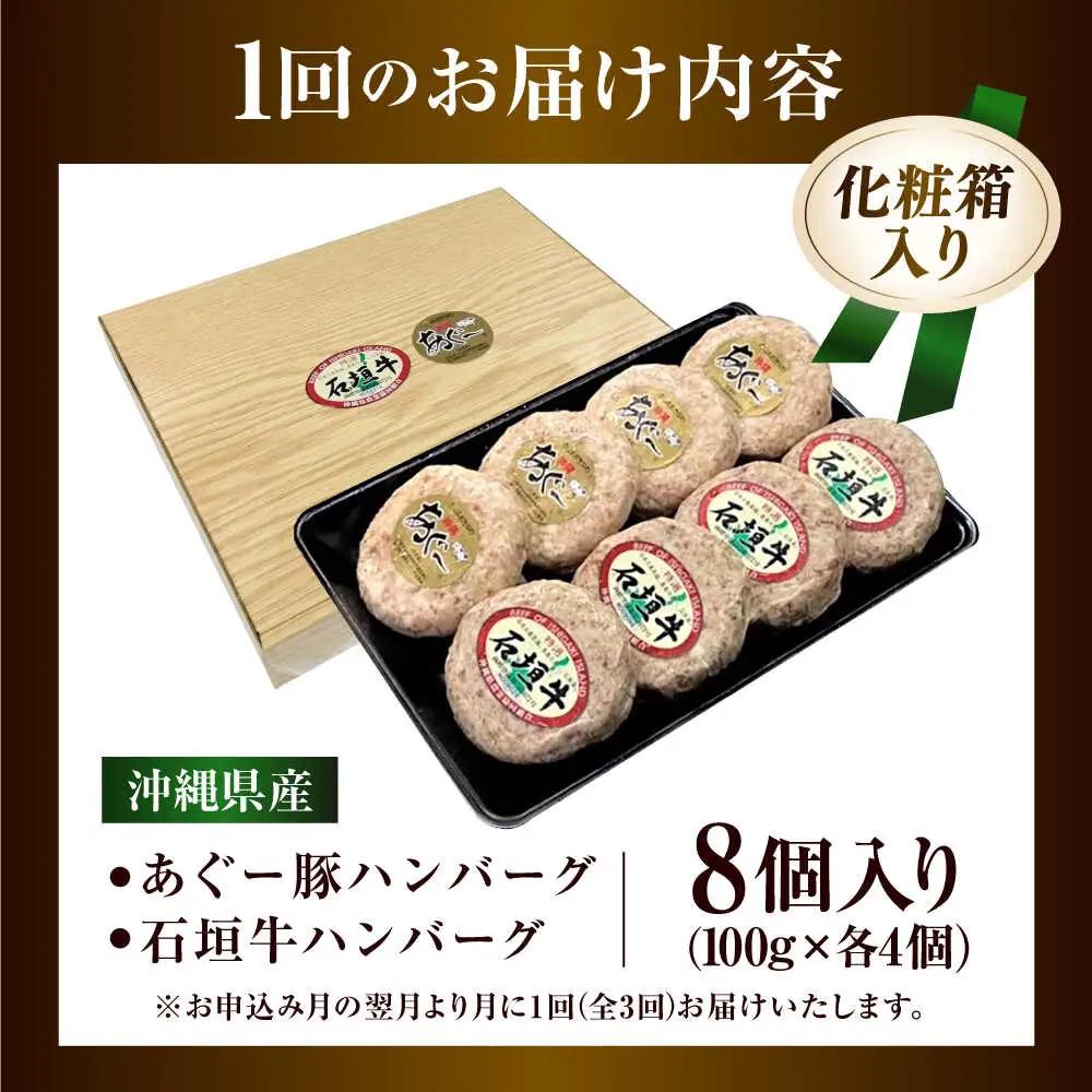 【全3回定期便】沖縄県産 あぐー豚＆石垣牛 ハンバーグセット 800g (100g×8個) 豚 牛 ハンバーグ 冷凍 ギフト お取り寄せ 沖縄市 / お肉屋本店[BCAZ015]