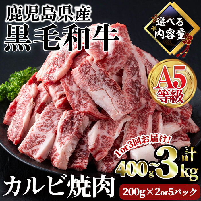 【ふるさと納税】＜配送回数・内容量が選べる＞【人気のカルビ焼肉！】A5等級鹿児島県産黒毛和牛カルビ焼肉(計400g〜3kg / 定期便全3回 200g×2パック or 200g×5パック) 牛肉 国産 カルビ 焼肉 小分け 個包装 A5 冷凍 黒毛和牛 肉 牛 選べる【カミチク】