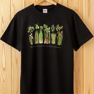 世界で唯一!着る山菜!!【山菜図鑑Tシャツ・黒】綿100% 半袖 ファッション メンズ レディース 洋服 新潟  Sサイズ