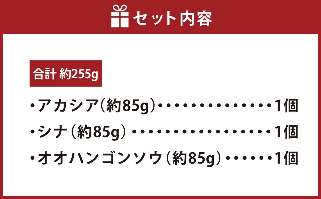 はちみつ 3種食べ比べセット（各約85g）アカシア、シナ、オオハンゴンソウ