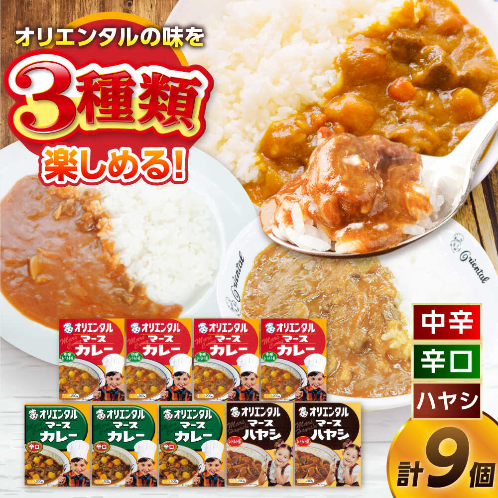 【ふるさと納税】マースカレー・ハヤシレトルトセット3種9個（オリジナルスプーン付） / レトルトカレー 中辛 辛口 ハヤシライス ご当地 カレー / 稲沢市 / オリエンタル[BMAM004]