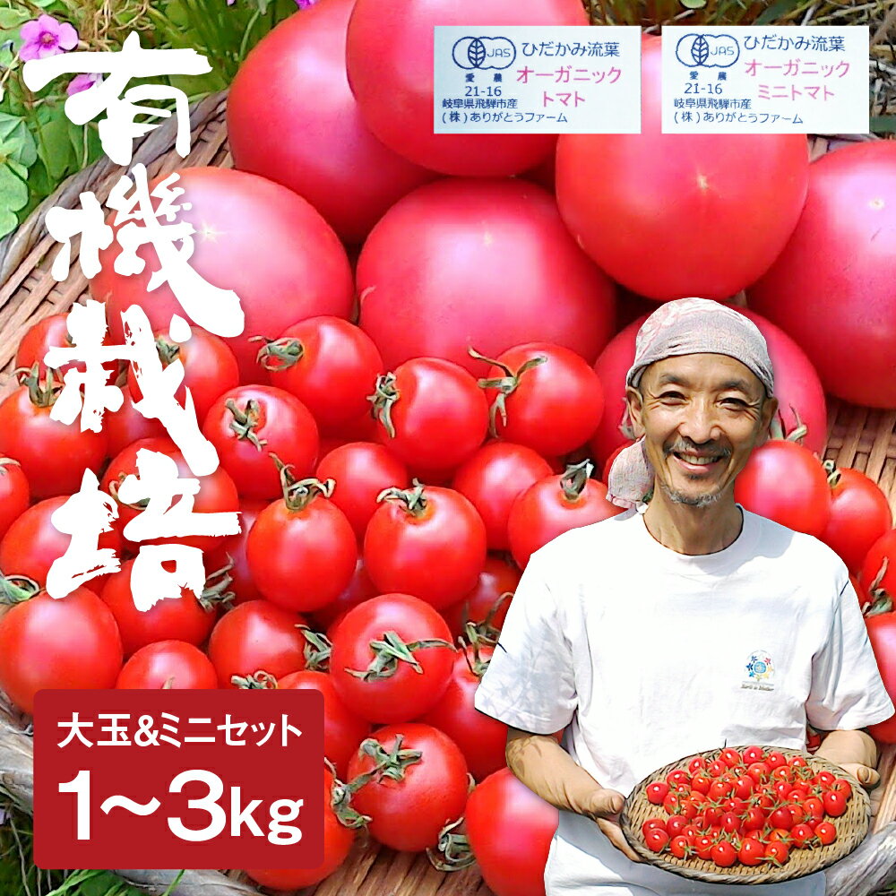 【ふるさと納税】【令和8年産 26年先行予約】トマトとミニトマトのセット 有機JAS認定 1kg 2kg 3kg とまと 大玉 甘い 特産 国産 野菜 ミニトマト 旬 有機野菜 ありがとうファーム 送料無料 [A0091x] 《hida0307》