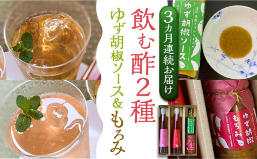 【全3回定期便】＜いちじく美人・いちご美人＞ 飲む酢 2本 & ゆず胡椒 ソース / もろみ セット 《豊前市》【株式会社ワカヤマ】地産 福岡 万能 調味料 酢 [VBW026]