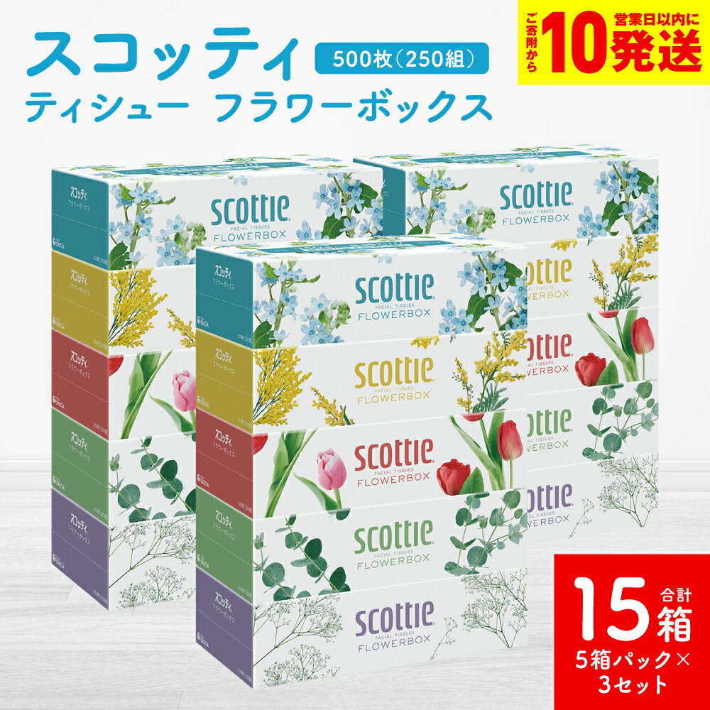 【ふるさと納税】【スコッティ】ティシュー フラワーボックス 250組 5箱パック×3セット 合計15箱 ティッシュ 日用品 生活必需品 消耗品 紙 まとめ買い 備蓄 防災備蓄 デザインボックス