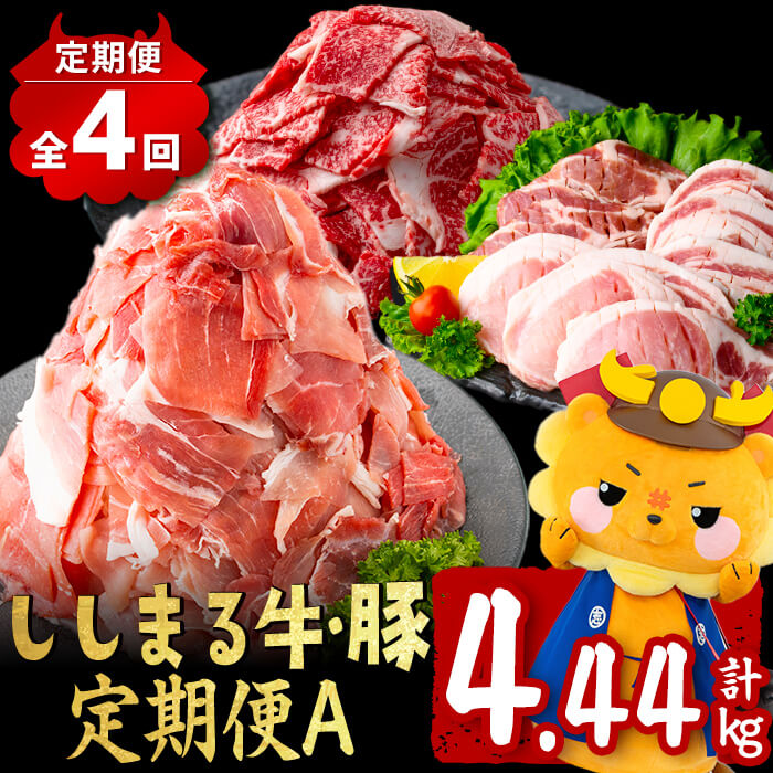 【ふるさと納税】【定期便全4回】ししまる牛・豚定期便A(4ヶ月連続・計4.44kg) 黒毛和牛 黒豚 国産牛 九州産 豚 豚肉 肉 牛肉 国産 小分け 真空包装 冷凍【サンキョーミート】t0044-009