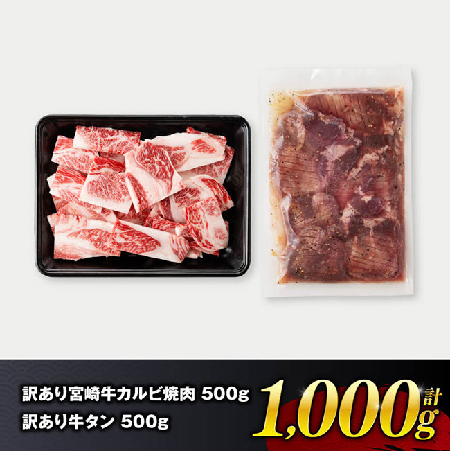 【訳あり】 宮崎牛カルビ焼肉＆塩だれ牛タン　計1,000g　牛肉[E11148]