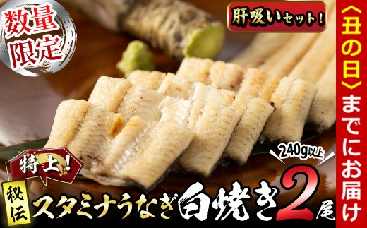 【丑の日までに配送】【数量限定】鹿児島県産！秘伝の特上スタミナうなぎ白焼き＜2尾・計240g以上＞肝吸いセット！ a4-098-us