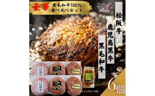 【ふるさと納税】【食べ比べ豪華セット】 松阪牛 ＆ 鹿児島黒牛 ＆ 黒毛和牛 100% ハンバーグ パティ 130g×6パック(各2パック)  トリュフソース付