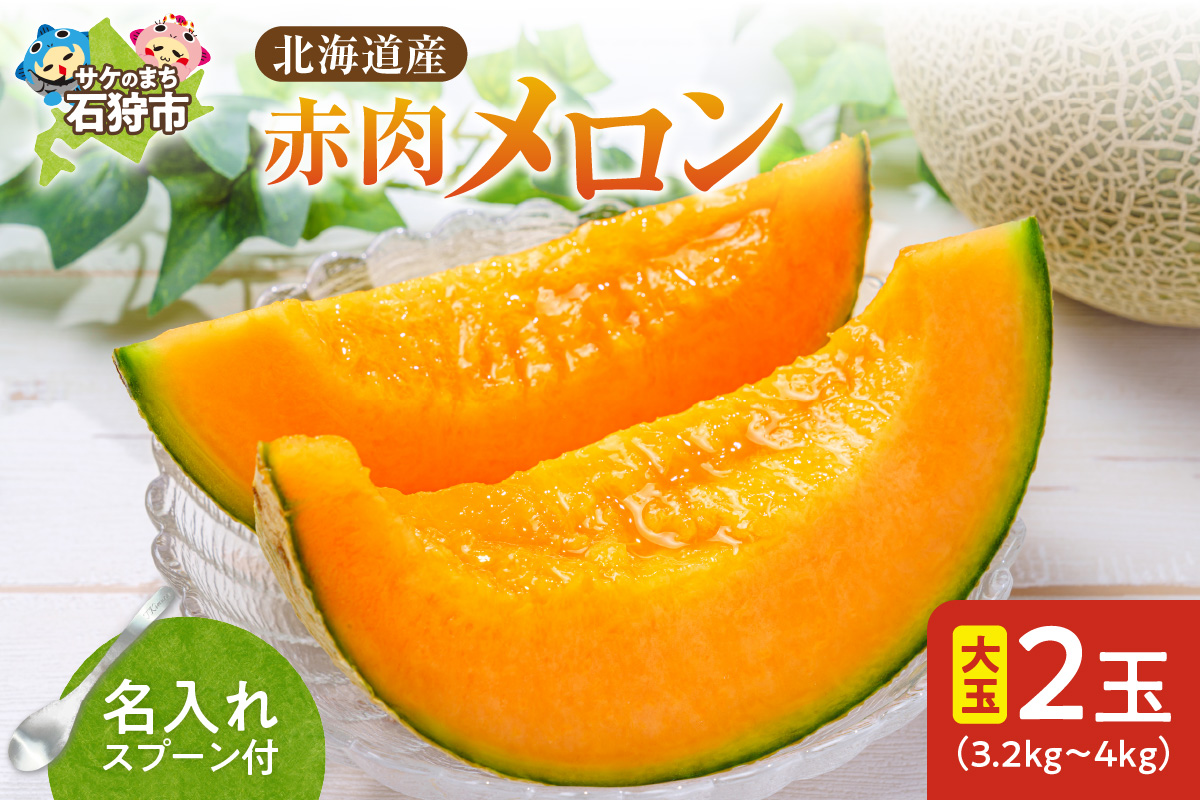 【2024年出荷受付】北海道産赤肉メロン 大玉2玉 / オリジナル名入れフルーツスプーン付き_is050-005-000