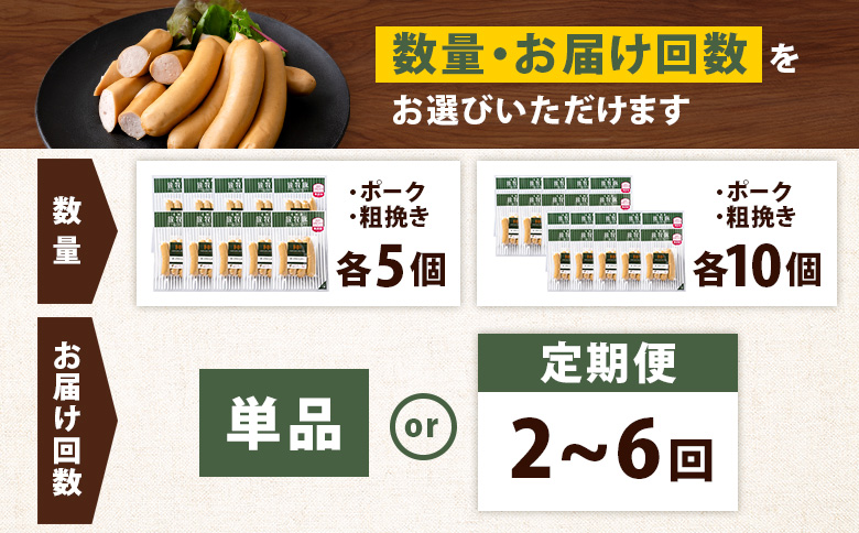 【定期便：3回】北海道産放牧豚 無添加ポークウインナー・粗挽きウインナー ×各5パック【12005701】 各5パック定期便（3回配送）