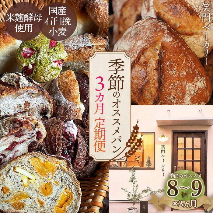 【ふるさと納税】【3ヵ月定期便】季節のオススメパンセット 8～9個入り ／ パン 食パン カンパーニュ ハード系 ハードパン 焼き菓子 国産小麦 米麹酵母 詰合せ セット 人気 朝食 昼食 朝ごはん 昼ごはん ランチ おやつ おすすめ 笑門ベーカリー 送料無料 愛知県 No.269