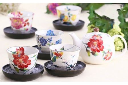 【美濃焼】「＆藍」 ポット・茶托付煎茶セット『ばら雅』柄【エー・アイ】 食器 茶器 急須 湯呑み 花柄 [TAG006]