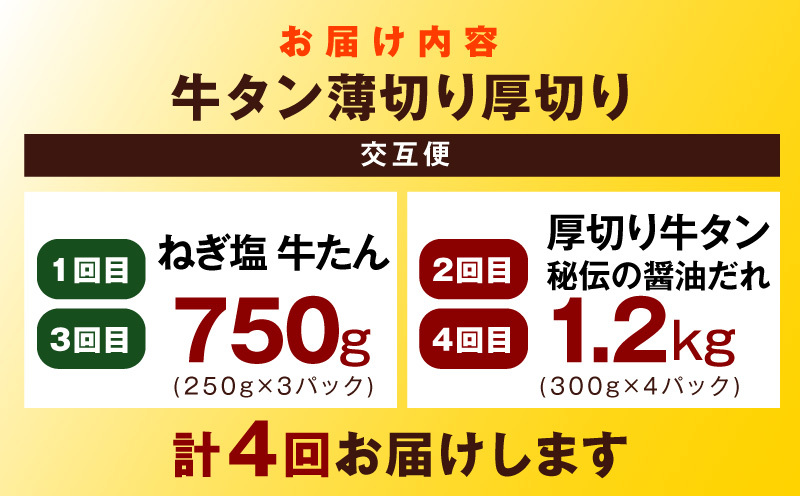 【定期便】牛タン薄切り厚切り交互便 全4回【牛タン 牛肉 焼肉用 薄切り 厚切り 焼肉 BBQ 訳あり サイズ不揃い 毎月配送コース】 099Z475_イメージ5
