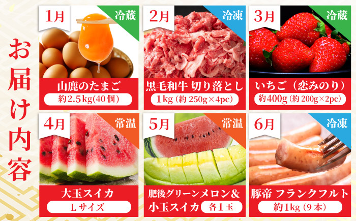 【12回定期便】 開けるたびワクワク！山鹿の極上福袋　お肉からあまいものまで山鹿の恵み 　たまご 黒毛和牛 いちご すいか メロン 豚帝 ジェラート ピオーネ シャイン 馬刺し ユッケ しゃぶしゃぶ 