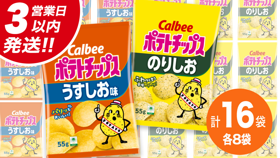 【最短3営業日！スピード発送】 カルビー ポテトチップス レギュラー サイズ　 2種類 詰め合わせ 16袋（ うすしお ／ のりしお ） ポテチ お菓子 おかし 大量 スナック おつまみ ジャガイモ 