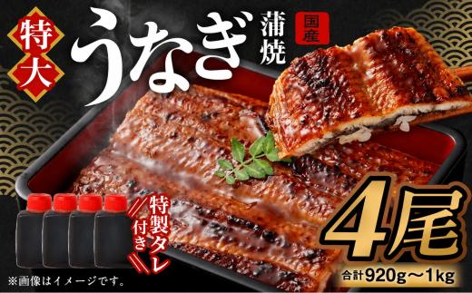 【特大】 国産 うなぎ 蒲焼 4尾（920g～1kg）と 特製タレ 4個 セット ｜ 鰻 うなぎ ウナギ 蒲焼 蒲焼き かば焼き うなぎの蒲焼 魚 国産 国産うなぎ うなぎ蒲焼 セイロ蒸し せいろ蒸し