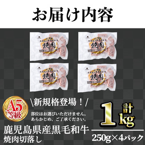A5等級鹿児島県産黒毛和牛焼肉切落し(計1kg・250g×4パック) 切り落とし 焼肉 黒毛和牛【カミチク】A1005