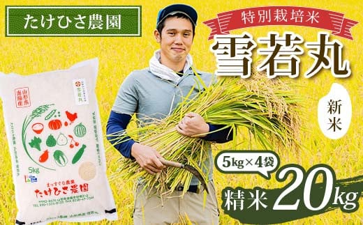 【令和7年産 新米 先行予約】 特別栽培米 雪若丸 (精米) 20kg (5kg×4袋) 《令和7年9月下旬～発送》 『たけひさ農園』 山形南陽産 米 白米 ご飯 農家直送 山形県 南陽市 [2366-R7]
