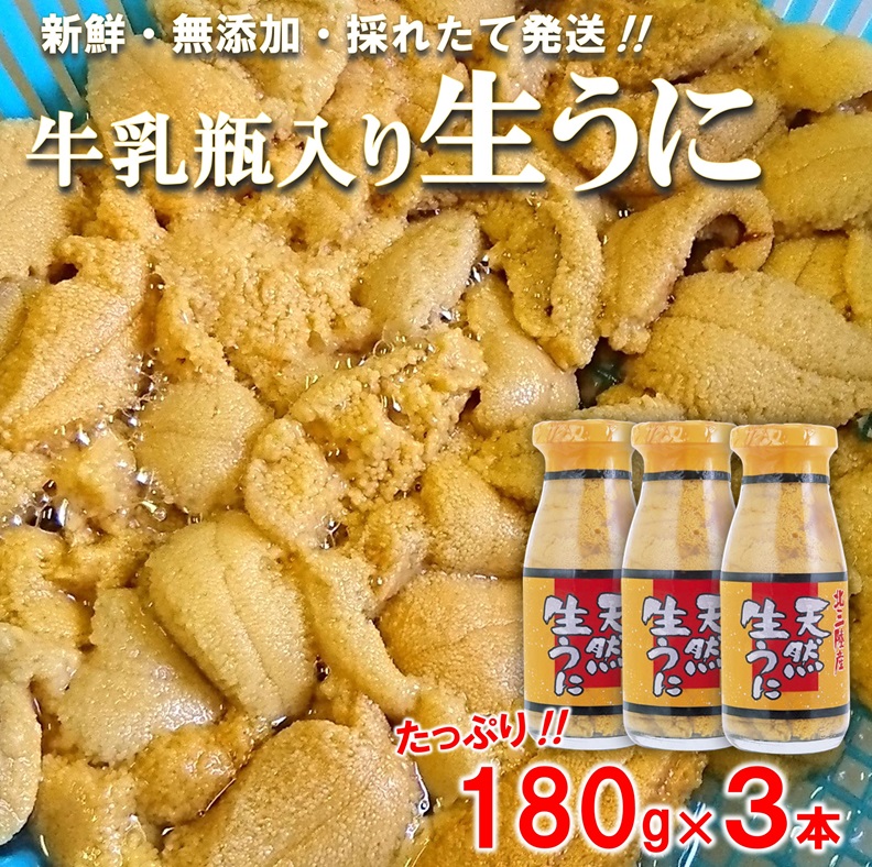 【期間限定 寄付金額改定】 北三陸産 天然生うに 180g×3本 ミョウバン不使用 【牛乳瓶入り生ウニ】 塩水 ウニ丼 雲丹 うにご飯