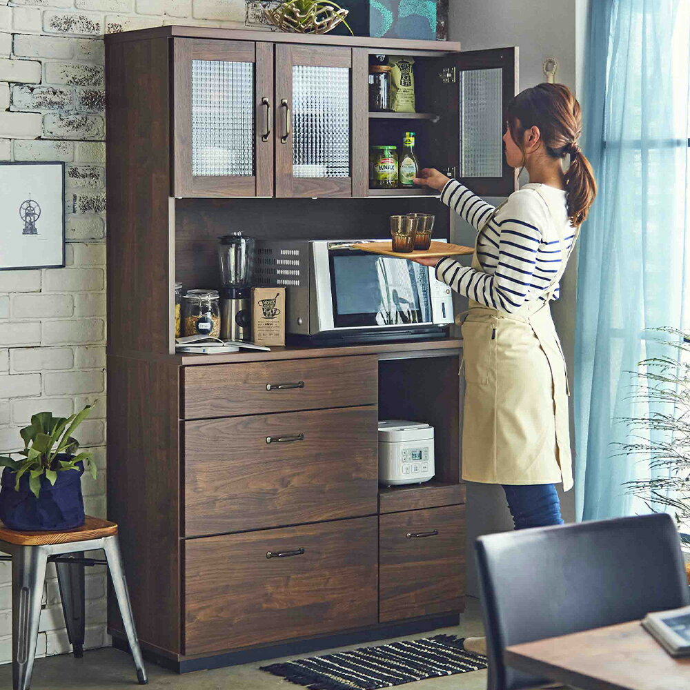 【ふるさと納税】レトロ 105 オープンボード 引出し収納 強化紙 クロスペンガラス フルオープン三段レール フルスライドレール スチール製取手 木目調シート 高さ調節可能棚 食器棚 キッチン収納 家具 インテリア 福岡県 柳川市 送料無料