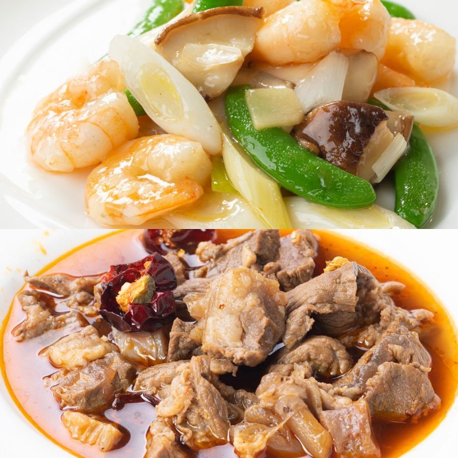 ＜北京高松＞「オリーブ牛筋の火鍋煮込み&エビ塩炒め」各1パック