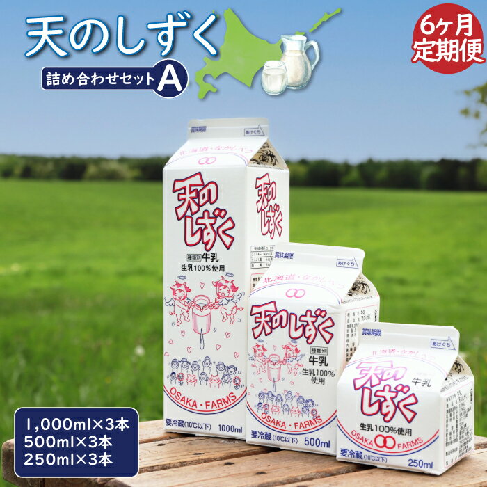 【ふるさと納税】【定期便：6回】 天のしずく 詰め合わせセットA 1000ml×3本 500ml×3本 250ml×3本 牛乳 ミルク　生乳100％ お取り寄せ 贈り物 中温殺菌 OSAKA FARMS 北海道 中標津町 中標津【5100301】