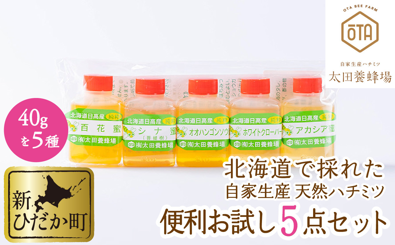 
北海道産 天然 純粋 はちみつ 5種 各 40g お試し 食べ比べ セット 国産 自家製 蜂蜜 ハチミツ
