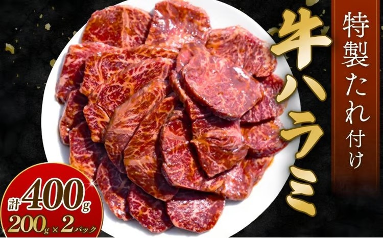 自家製 牛ハラミ たれ漬け 200g×2パック 計400g 訳あり 数量限定 牛肉 焼肉 焼き肉 BBQ バーベキュー ハラミ肉 タレ漬けハラミ 小分け 【(有)山重食肉】（室戸海洋深層水塩使用）