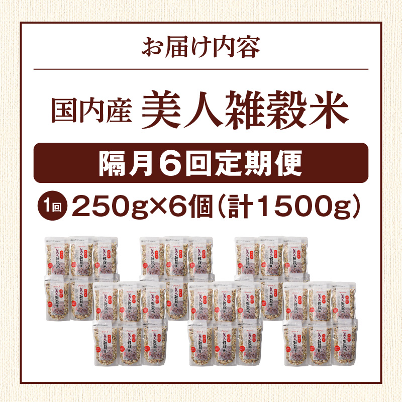 【隔月6回　定期便】国内産 美人雑穀米 250g×6個 1500g×6回_雑穀米 国内産 250g × 6個 お届け回数 6回 美人雑穀米 雑穀 12種 ブレンド 混ぜて炊くだけ 冷めても美味しい 胚