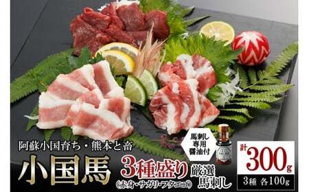 ◆レビューキャンペーン対象品◆【阿蘇牧場】熊本と畜 小国育ち 小国馬 地元産 馬刺し 阿蘇 熊本 小国 国産 阿蘇の大地 放牧馬 赤身 サガリ フタエゴ 各100g 小分け 馬肉 300g 馬刺し醤油 150ml 専用醤油 七福醤油店 タレ付き 真空パック 老舗専門店 ギフト 贈答用