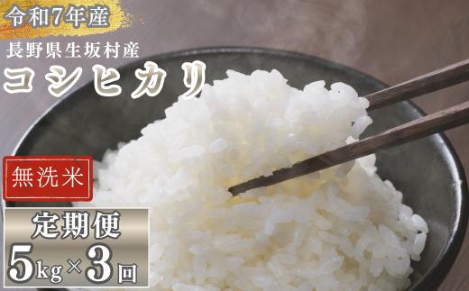 【3か月定期便】コシヒカリ 無洗米 5kg(1袋)×3回 長野県産 生坂村産 高地栽培 冷めてもモチモチ コメ おこめ お米 こしひかり 白米 信州 長野県 生坂村 [株式会社野の香]