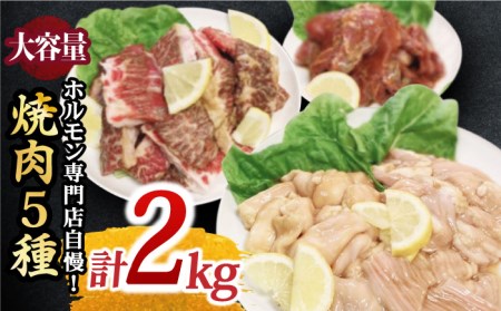 【味付】【大容量】ホルモン専門店の豪華！焼き肉5種セット計2kg（和牛ハラミ800g ／ 豚ハラミ・丸腸・小腸・シマ腸 各300g）【三田川ホルモン専門店】 [FAC016]