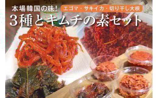キムチ 3種 (エゴマの葉漬け 切干大根 サキイカ ) & キムチの素 セット 約 930g 本場韓国の味 大根 えごま さきいか 3種類 韓国