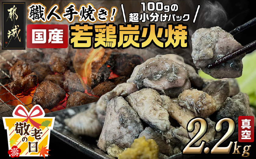 
            【敬老の日】≪超小分けパック≫職人手焼き!国産若鶏炭火焼2.2kg≪9月11日～15日お届け≫_AA-3311-KG_(都城市) 国産若鶏 若鶏炭火焼(もも・むね)  小分け 100g 宮崎名物 鶏炭火焼 おつまみ
          