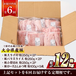 ＜定期便・全6回 (連続)＞豚肉 バラエティーパック (総量12kg・4種) 小分け 豚バラ スライス とんかつ ロース 豚こま しゃぶしゃぶ 鍋 大分県 佐伯市【BD209】【西日本畜産 (株)】