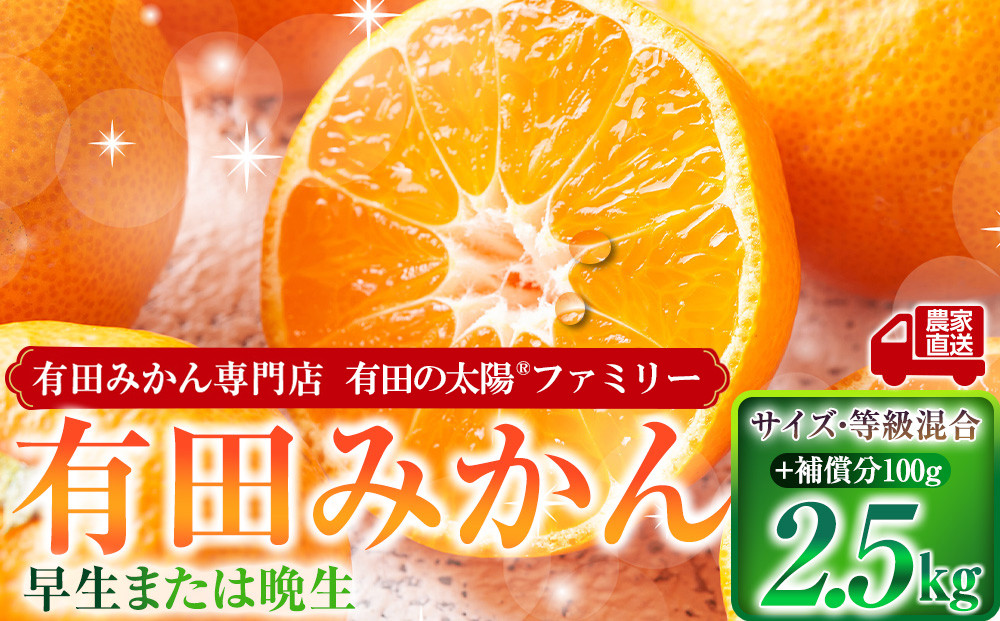 有田みかん専門店 有田の太陽®ファミリー 早生または晩生 有田みかん 2.5kg＋補償分100g 山採れ・サイズ・等級 混合